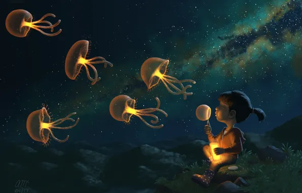 Картинка ночь, звёзды, медузы, ребёнок, Jellies