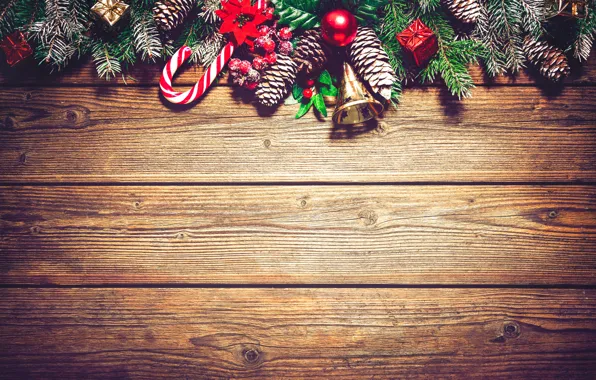 Картинка украшения, ветки, доски, Новый Год, Рождество, christmas, balls, шишки, wood, merry christmas, decoration, xmas, fir …