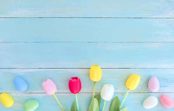 Картинка цветы, яйца, весна, colorful, Пасха, тюльпаны, wood, flowers, tulips, spring, Easter, eggs, decoration, Happy, tender