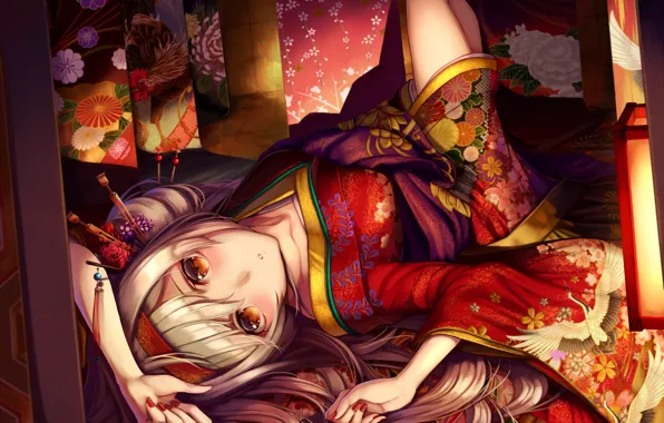 Картинка девушка, цветы, аниме, арт, кимоно, заколки, kantai collection, shoukaku, kirieroido iii