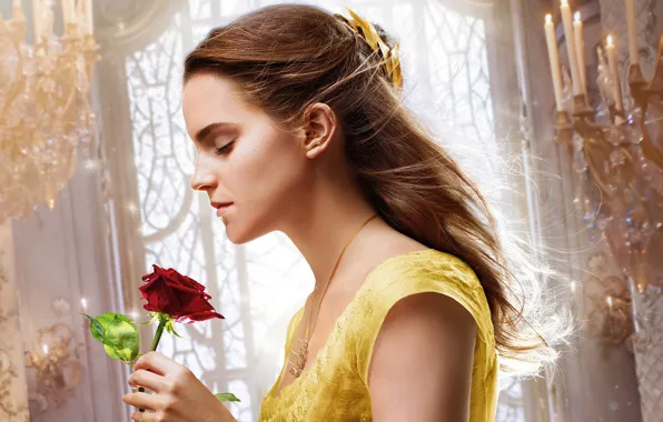 Картинка cinema, girl, love, rose, Disney, Emma Watson, flower, monster, dress, movie, blonde, film, Beauty and …