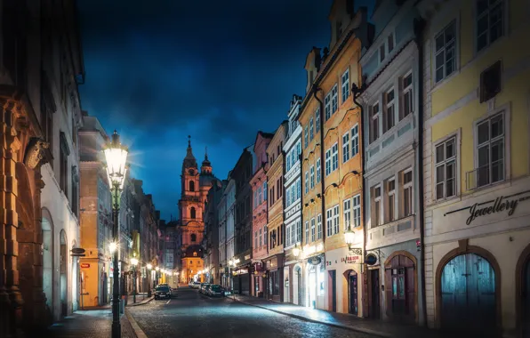 Картинка улица, здания, дома, Прага, Чехия, фонари, ночной город, мостовая, Prague, Czech Republic