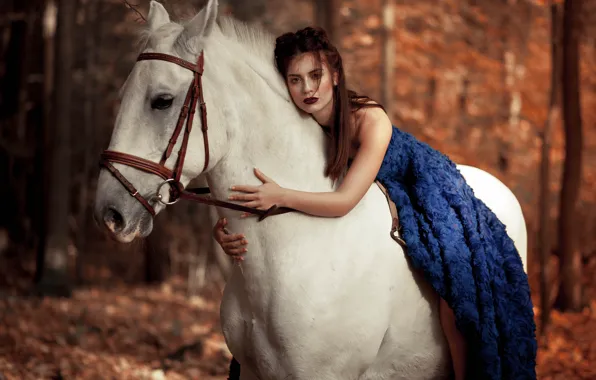 Картинка взгляд, девушка, настроение, конь, лошадь, платье, боке