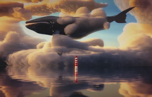 Картинка море, небо, маяк, фэнтези, кит, 3D-графика, by IkyuValiantValentine, Valiant Valentine, Dreamy Sky