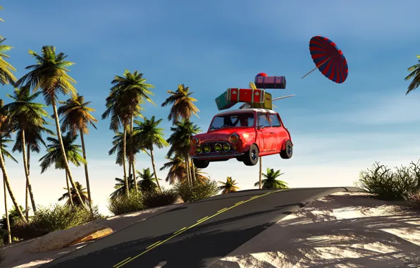 Картинка дорога, машина, авто, небо, солнце, пальмы, скорость, отпуск, зонт, чемоданы, 3D Графика