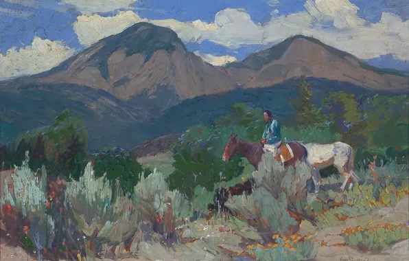 Картинка горы, лошади, Oscar Edmund Berninghaus, рблака, Taos Mountain, Indian and