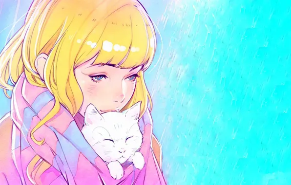 Картинка лицо, шарф, девочка, голубые глаза, голубой фон, челка, желтые волосы, Илья Кувшинов, белый котенок