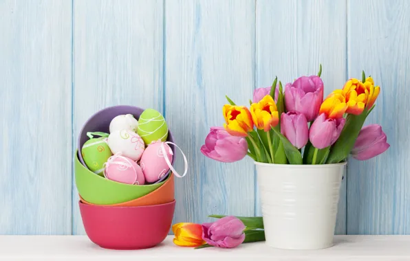 Картинка цветы, праздник, букет, пасха, тюльпаны, декор, Easter, egg