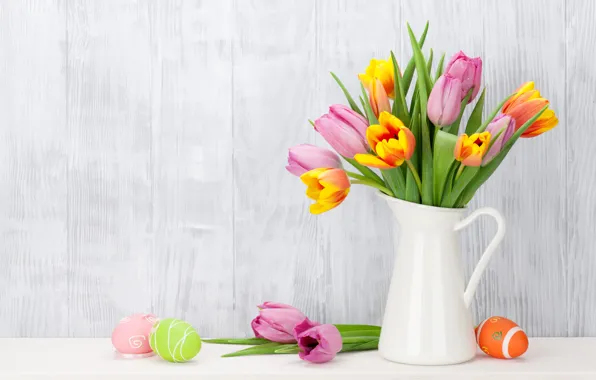 Картинка цветы, Пасха, тюльпаны, happy, pink, flowers, tulips, spring, Easter, eggs, decoration, розовые тюльпаны, яйца крашеные