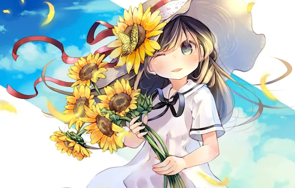 Картинка подсолнухи, цветы, аниме, девочка