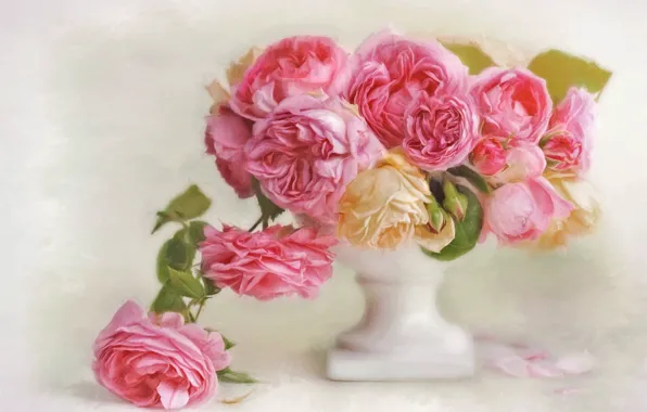 Картинка цветы, розы, лепестки, арт, ваза