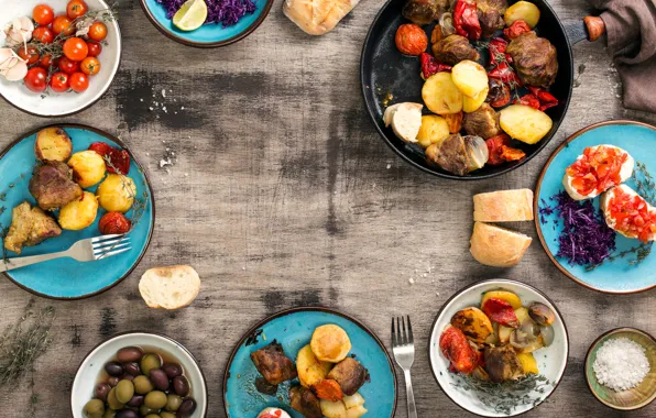 Картинка хлеб, мясо, барбекю, овощи, помидоры, оливки, wood, картошка, meat, гриль