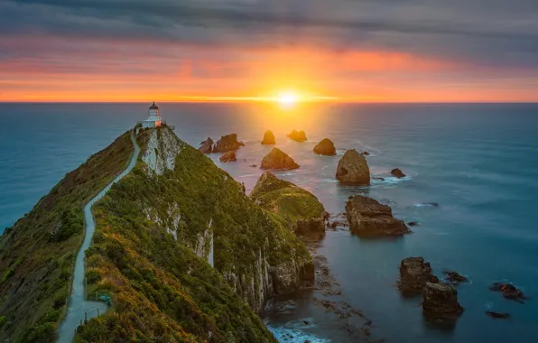 Картинка восход, океан, скалы, рассвет, побережье, маяк, утро, Новая Зеландия, Pacific Ocean, New Zealand, мыс, Тихий …