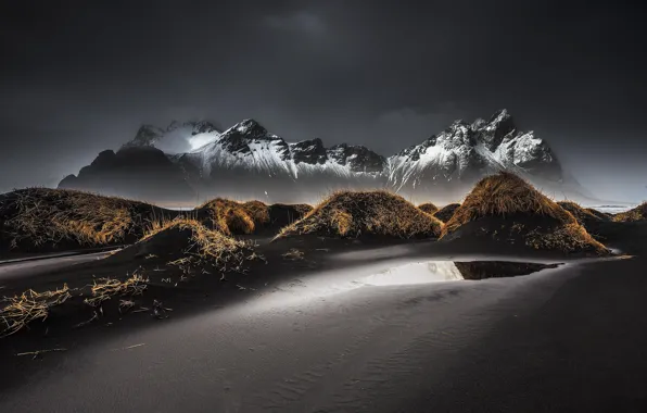Картинка пляж, небо, горы, тучи, Исландия, черные пески