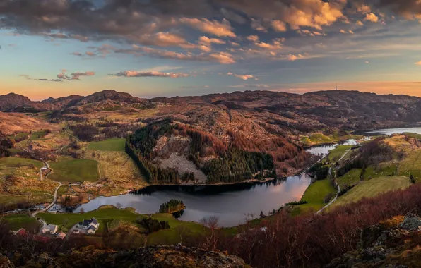 Картинка небо, облака, деревья, горы, река, камни, поля, Норвегия, панорама, домики, леса, вид сверху, Rogaland