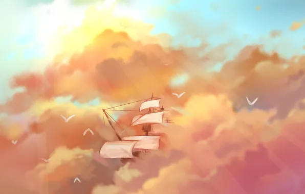 Картинка небо, птицы, корабль, парусник, полёт, лучи солнца, art, мачты, розовые облака, Axle