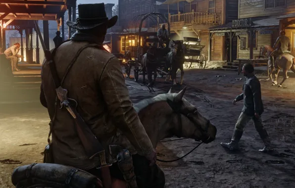 Картинка город, пистолет, лошадь, шляпа, карета, ковбой, ружьё, револьвер, дикий запад, Red Dead Redemption 2