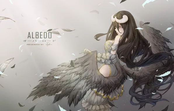 Картинка девушка, крылья, аниме, перья, арт, рога, albedo, overlord