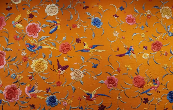 Картинка цветы, птицы, текстура, ткань, шёлк, вышивка, китайский шёлк