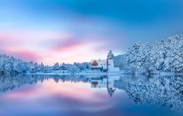 Картинка зима, лес, снег, озеро, домик