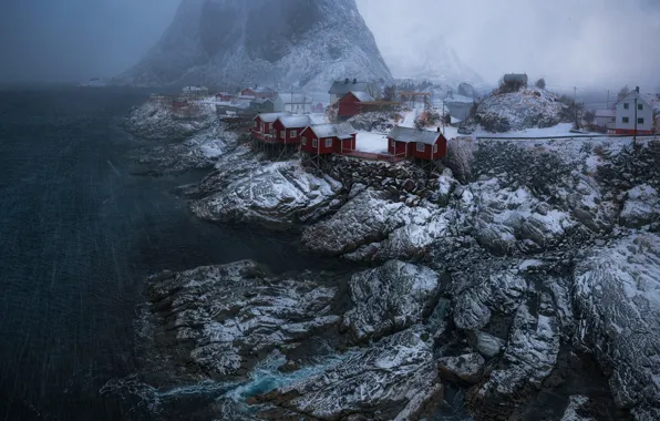 Картинка зима, снег, скалы, Норвегия, поселение