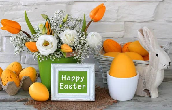 Картинка цветы, Пасха, тюльпаны, happy, yellow, flowers, tulips, spring, Easter, eggs, decoration, яйца крашеные