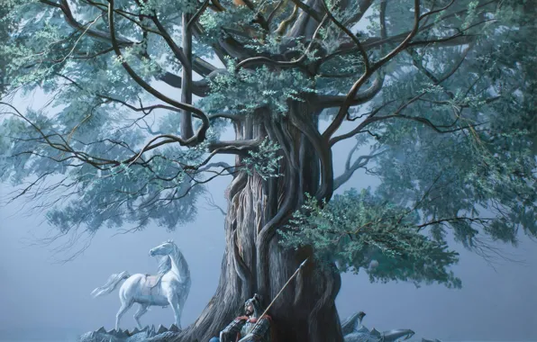 Картинка дерево, дракон, воин, копье, белый конь, Байтерек, уставший, Айбек Бегалин, 2012г