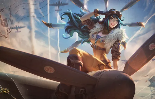 Картинка girl, fantasy, game, tower, green eyes, aircraft, planes, League of Legends, artwork, suit, fantasy art, …