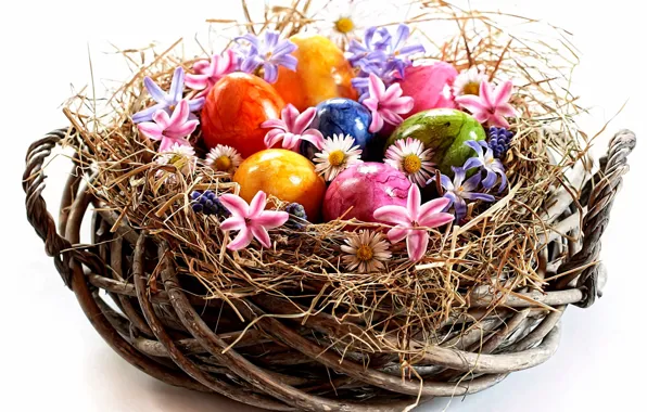 Картинка цветы, праздник, весна, Пасха, корзинка, соломка, яйца крашеные, пасхальная картинка