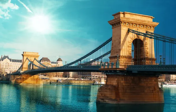 Картинка лето, город, размытость, боке, красивый вид, Венгрия, Hungary, подвесной мост, travel, Budapest, Цепной мост Сечени, …