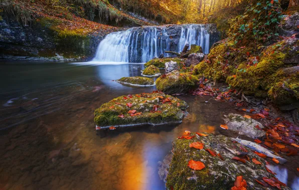Картинка осень, лес, листья, река, камни, Франция, водопад, каскад, France, Франш-Конте, Franche-Comté