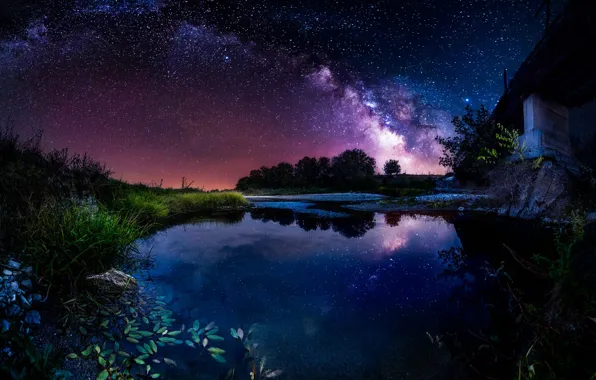 Картинка небо, звезды, ночь, мост, река, млечный путь
