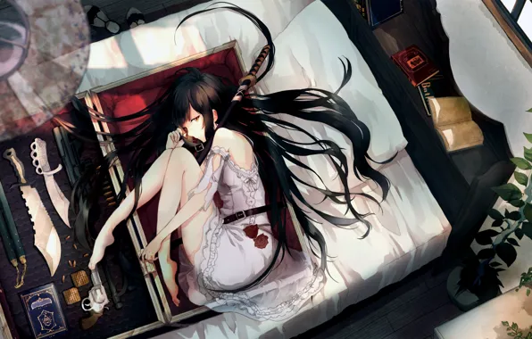 Картинка Girl, sword, gun, long hair, legs, anime, katana, brunette, book, weapons, bed, roses, artwork, knife, …
