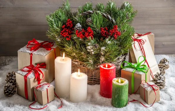 Картинка снег, украшения, елка, свечи, Новый Год, Рождество, подарки, Christmas, snow, Merry Christmas, Xmas, gift, decoration, …