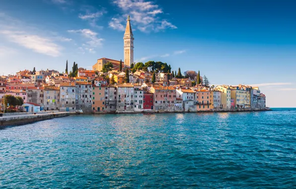 Картинка море, побережье, здания, дома, Хорватия, Istria, Croatia, Адриатическое море, Ровинь, Rovinj, Adriatic Sea, Истрия