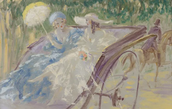 Картинка зонтик, Louis Icart, Две элегантных дамы в карете