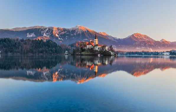Картинка свет, горы, озеро, церковь, Словения, Блед