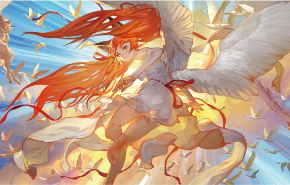 Картинка птицы, девушки, крылья, аниме, перья, арт, ушки, takayama toshiaki