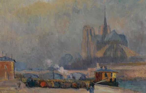 Картинка картина, городской пейзаж, Альбер-Шарль Лебур, Собор Парижской Богоматери. Вид с Набережной Турне
