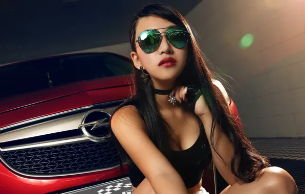 Картинка взгляд, Девушки, очки, Opel, азиатка, красивая девушка, красный авто