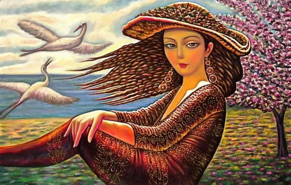 Картинка женщина, шляпа, журавли, Пробуждение, Севада Григорян