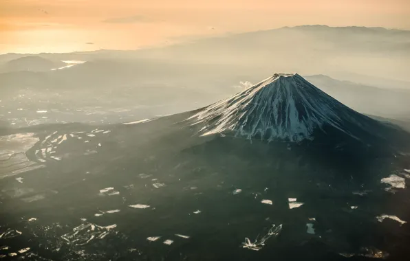 Картинка свет, Япония, долина, дымка, гора Фуджи, Фудзияма