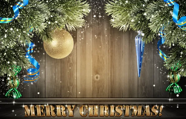 Картинка снег, украшения, фон, шар, шарик, Рождество, Новый год, ёлочные игрушки, еловые ветки