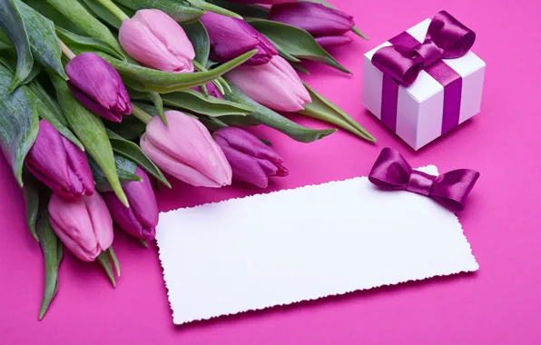 Картинка букет, тюльпаны, love, розовые, бант, fresh, pink, flowers, romantic, tulips, gift, purple