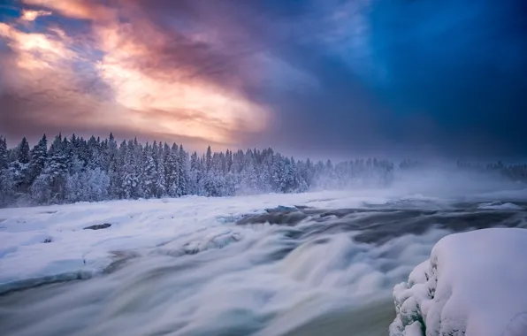 Картинка зима, лес, небо, снег, река, Швеция, Sweden, пороги, Pite River, Norrbotten County, Река Питеэльвен, Норрботтен, …