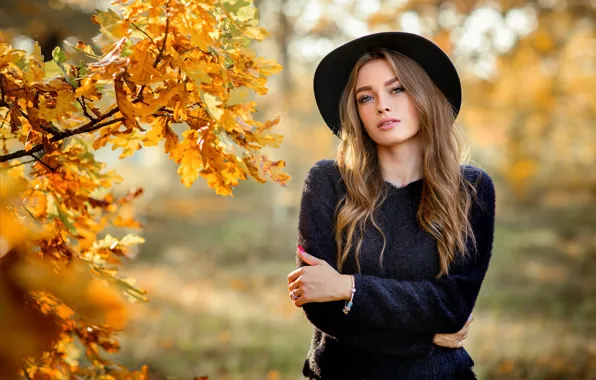 Картинка girl, long hair, hat, photo, brown, blue eyes, autumn, leaves, model, mood, lips, face, fall, …