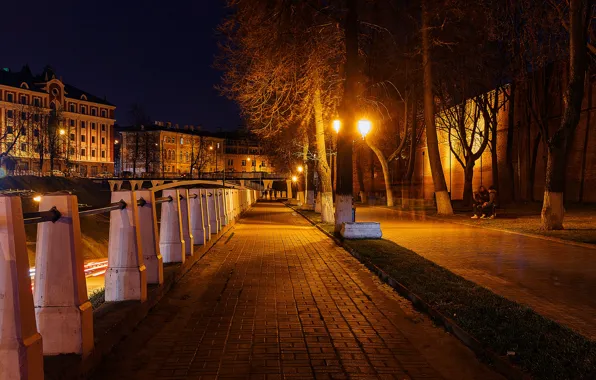 Картинка деревья, ночь, огни, улица, дома, фонари, Россия, тротуар, Нижний Новгород