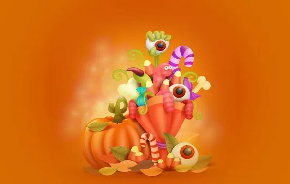 Картинка глаза, листья, праздник, тыква, червяки, хэллоуин, векторная графика