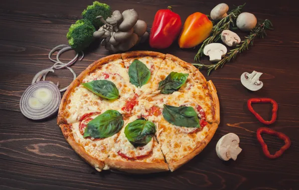 Картинка зелень, грибы, лук, перец, пицца