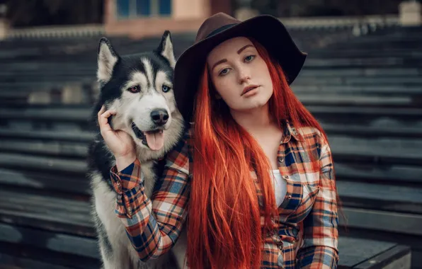 Картинка взгляд, девушка, собака, шляпа, рыжая, рыжеволосая, длинные волосы, хаски, Hakan Erenler, Виктория Белова